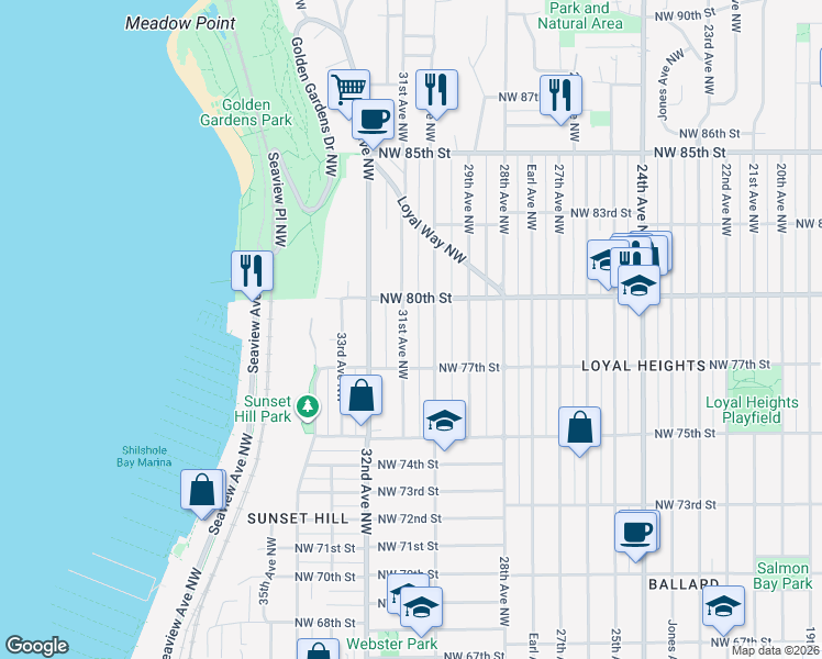 map of restaurants, bars, coffee shops, grocery stores, and more near 7732 31st Avenue Northwest in Seattle