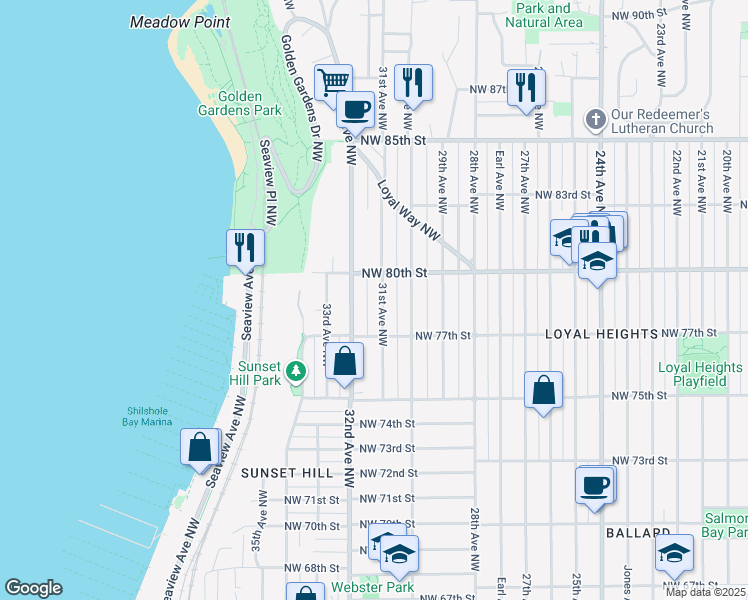 map of restaurants, bars, coffee shops, grocery stores, and more near 3103 Northwest 80th Street in Seattle