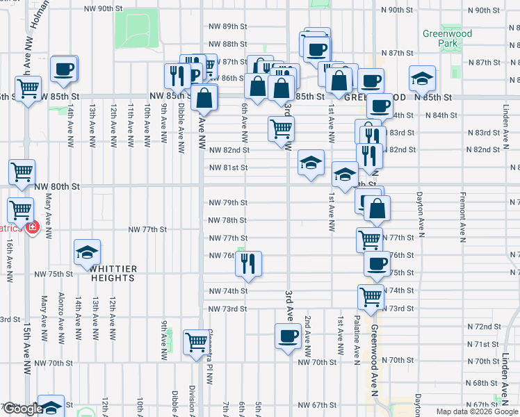 map of restaurants, bars, coffee shops, grocery stores, and more near 342 Northwest 79th Street in Seattle