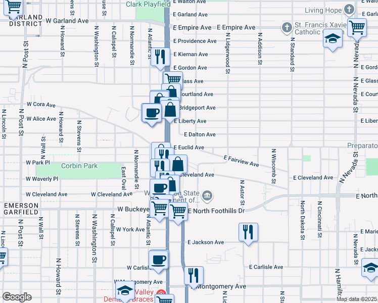 map of restaurants, bars, coffee shops, grocery stores, and more near 42 East Euclid Avenue in Spokane