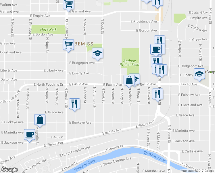 map of restaurants, bars, coffee shops, grocery stores, and more near 2512 East Euclid Avenue in Spokane