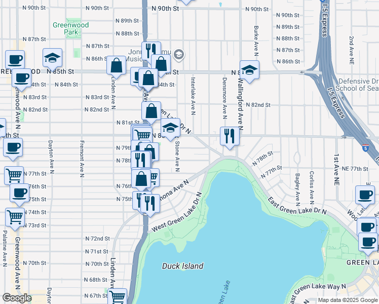 map of restaurants, bars, coffee shops, grocery stores, and more near 1302 North 79th Street in Seattle