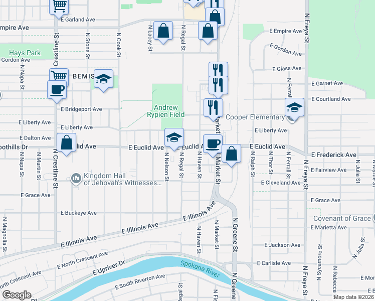 map of restaurants, bars, coffee shops, grocery stores, and more near 2915 East Euclid Avenue in Spokane