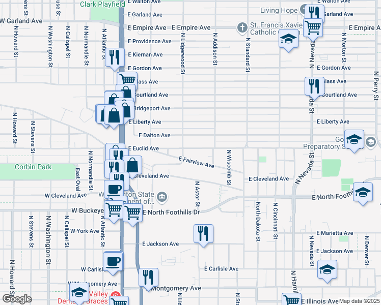 map of restaurants, bars, coffee shops, grocery stores, and more near 323 East Euclid Avenue in Spokane