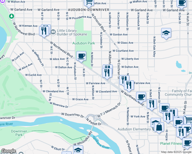 map of restaurants, bars, coffee shops, grocery stores, and more near 2716 West Northwest Boulevard in Spokane