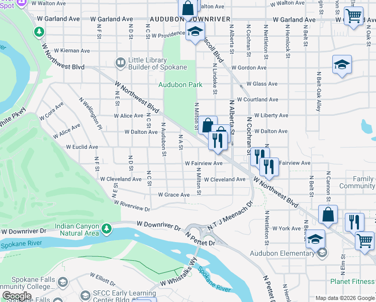 map of restaurants, bars, coffee shops, grocery stores, and more near 2733 West Northwest Boulevard in Spokane