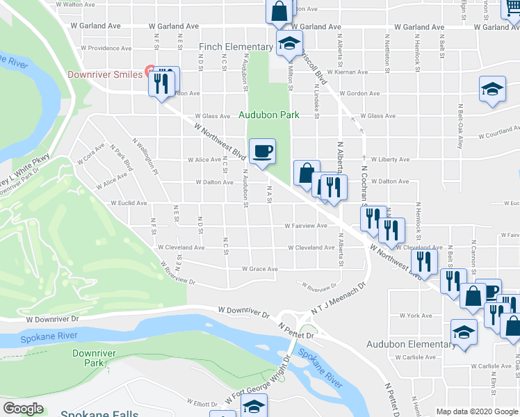 map of restaurants, bars, coffee shops, grocery stores, and more near 2914 West Euclid Avenue in Spokane