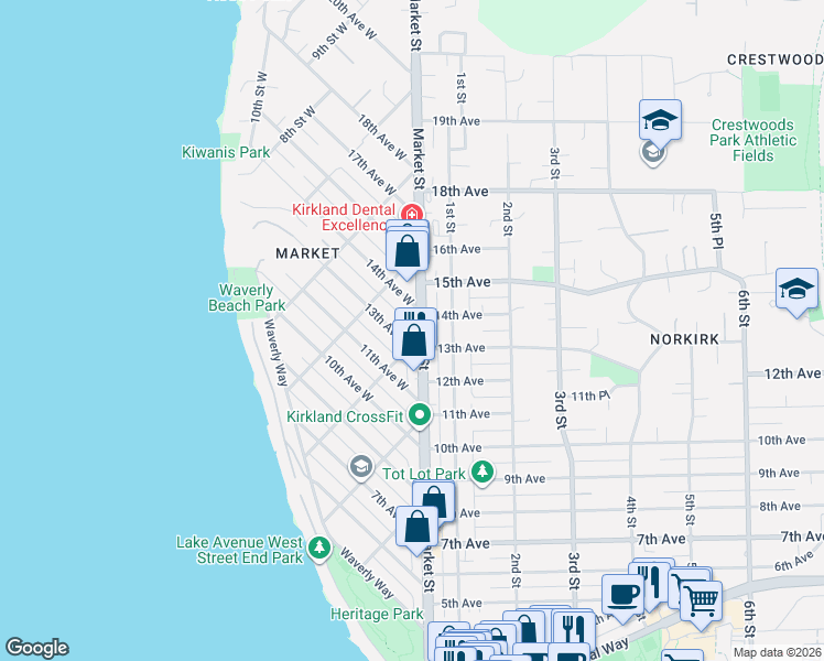 map of restaurants, bars, coffee shops, grocery stores, and more near 1312 Market Street in Kirkland