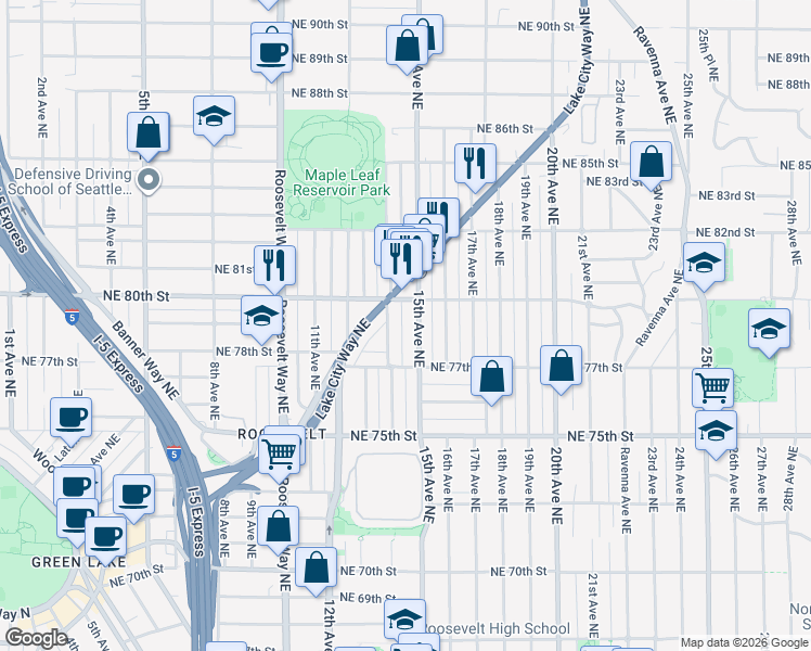 map of restaurants, bars, coffee shops, grocery stores, and more near 1409 Northeast 80th Street in Seattle