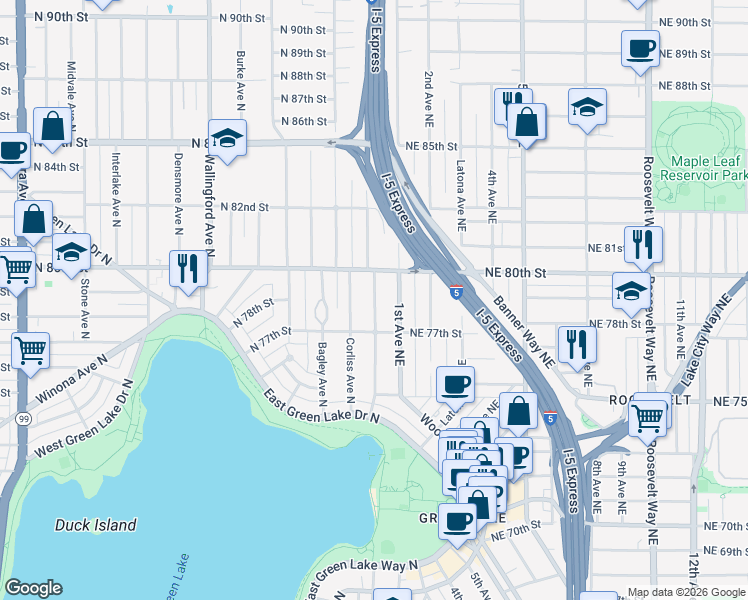 map of restaurants, bars, coffee shops, grocery stores, and more near 7751 Sunnyside Avenue North in Seattle