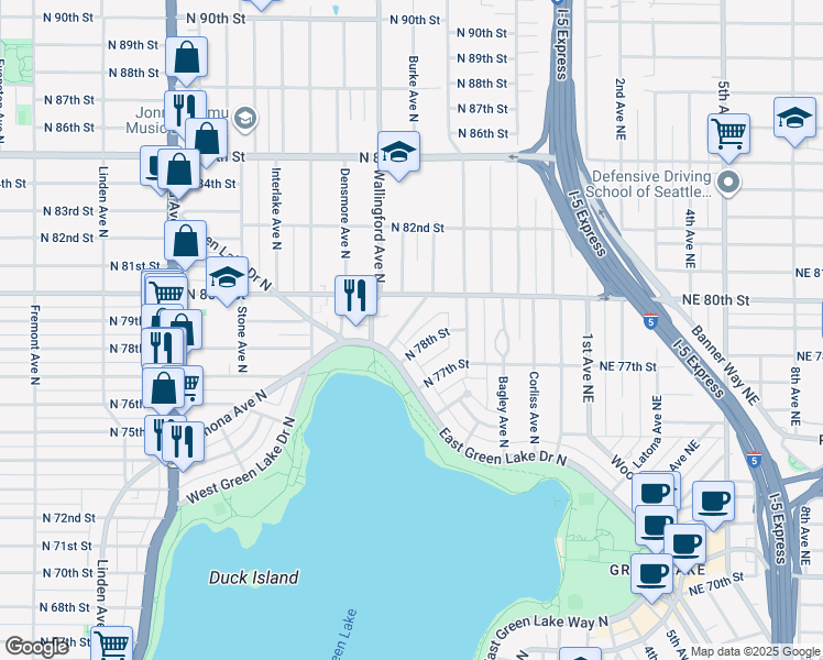map of restaurants, bars, coffee shops, grocery stores, and more near 7837 Stroud Avenue North in Seattle