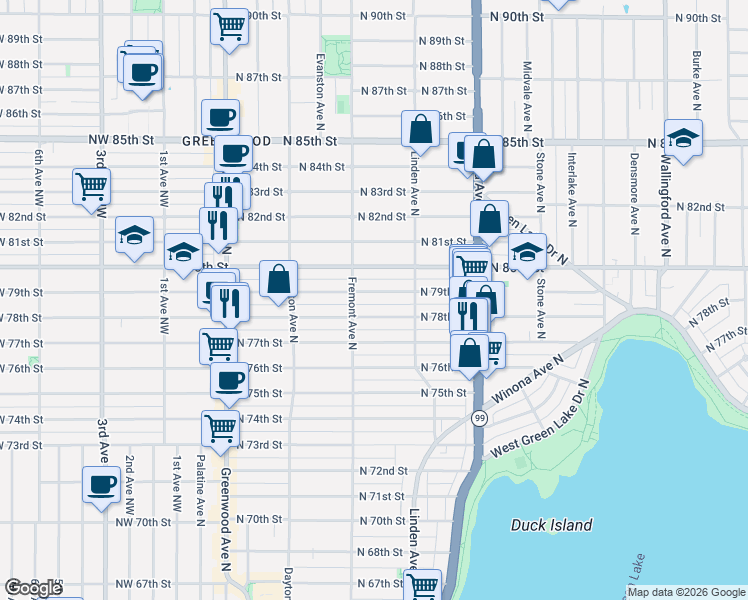 map of restaurants, bars, coffee shops, grocery stores, and more near 718 North 79th Street in Seattle