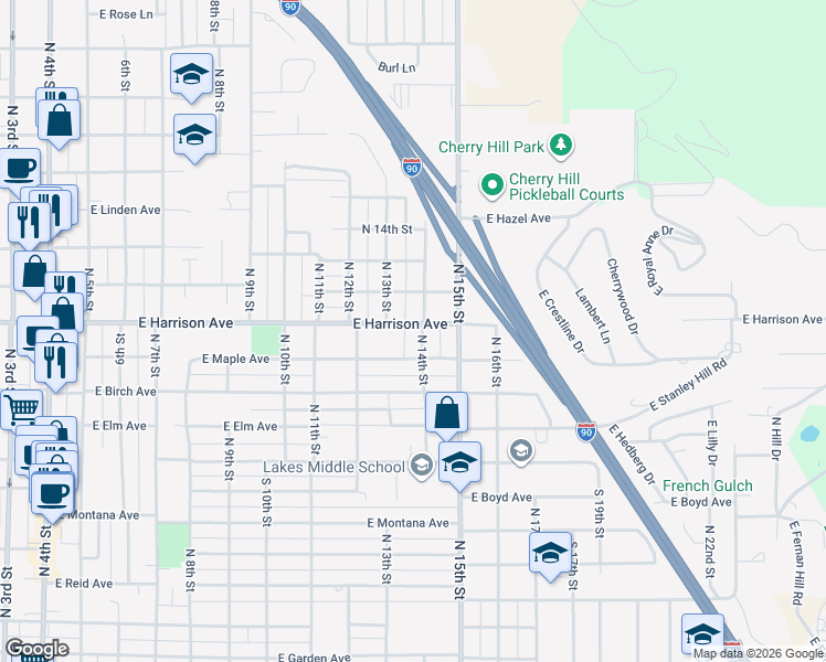 map of restaurants, bars, coffee shops, grocery stores, and more near 1147 North 14th Street in Coeur d'Alene
