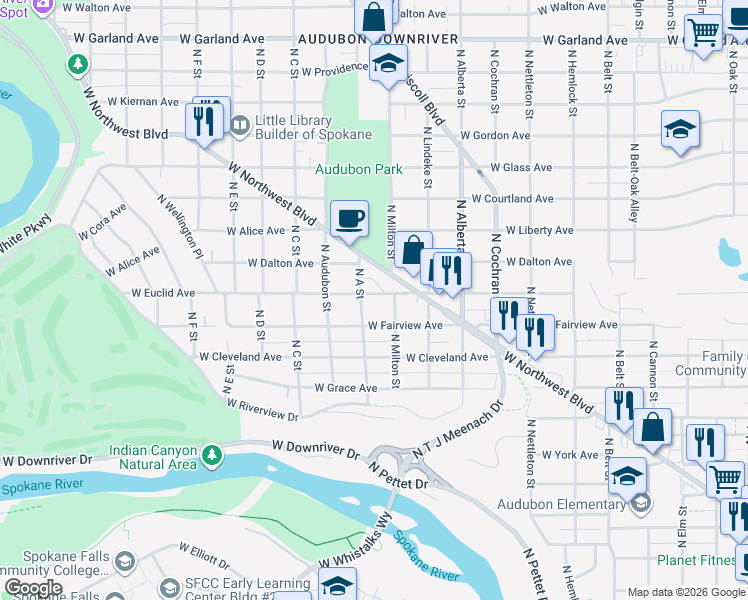 map of restaurants, bars, coffee shops, grocery stores, and more near 2733 West Northwest Boulevard in Spokane