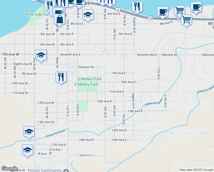 map of restaurants, bars, coffee shops, grocery stores, and more near 501-549 10th Avenue East in Polson
