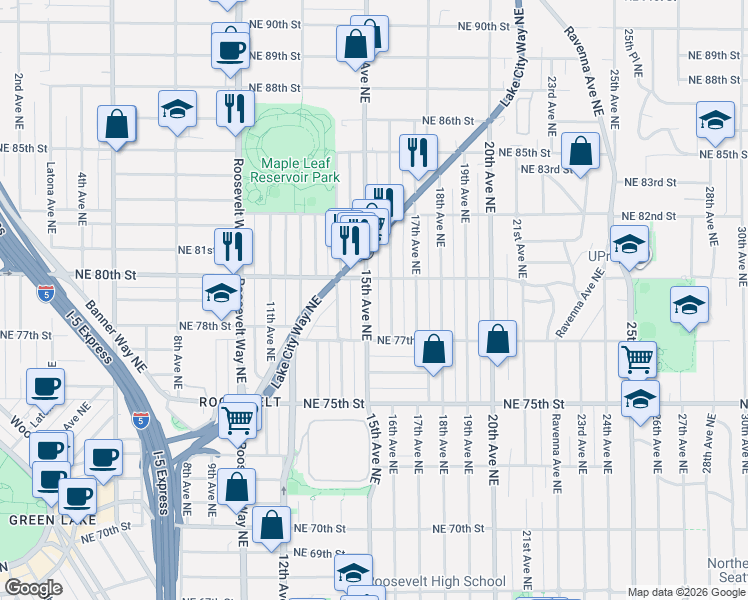 map of restaurants, bars, coffee shops, grocery stores, and more near 1515 Northeast 80th Street in Seattle