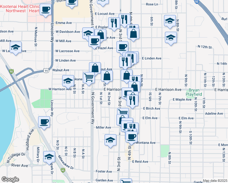 map of restaurants, bars, coffee shops, grocery stores, and more near 212 East Harrison Avenue in Coeur d'Alene