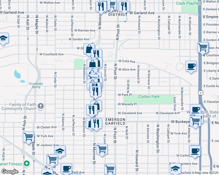 map of restaurants, bars, coffee shops, grocery stores, and more near 820 West Euclid Avenue in Spokane
