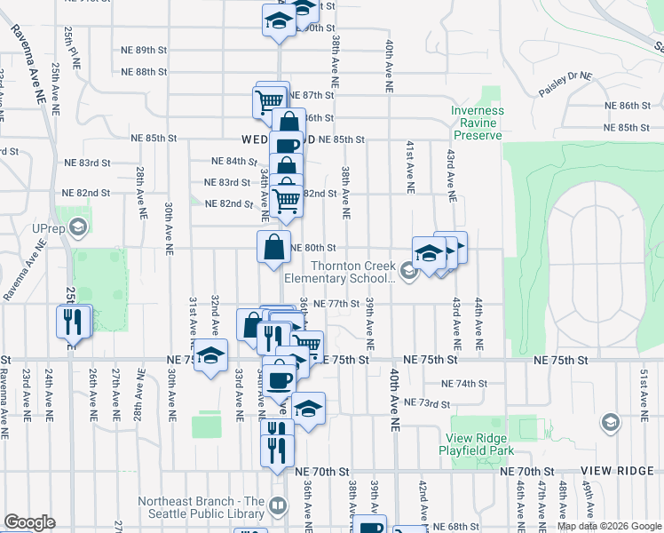 map of restaurants, bars, coffee shops, grocery stores, and more near 7759 38th Avenue Northeast in Seattle