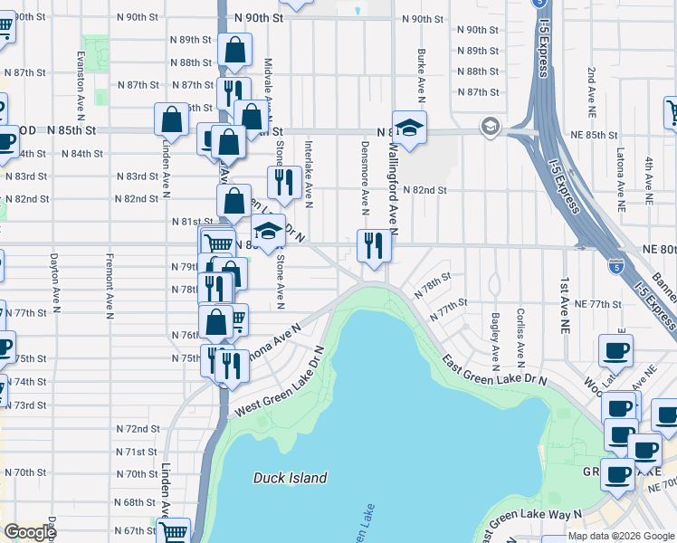 map of restaurants, bars, coffee shops, grocery stores, and more near 4712 Ashworth Avenue North in Seattle