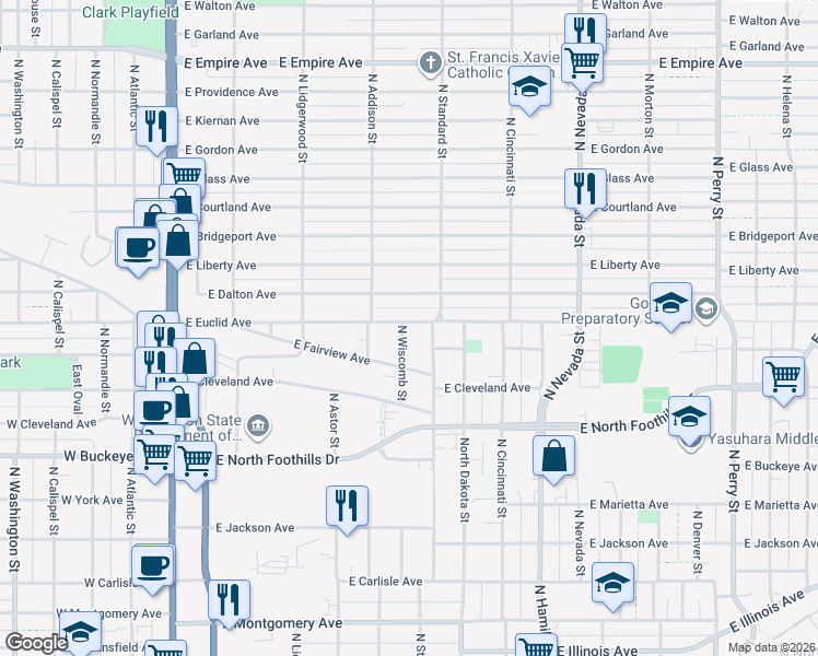 map of restaurants, bars, coffee shops, grocery stores, and more near 527 East Euclid Avenue in Spokane