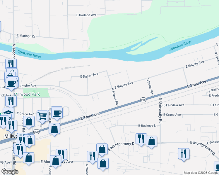 map of restaurants, bars, coffee shops, grocery stores, and more near 3215 North Fowler Road in Spokane