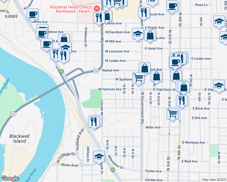 map of restaurants, bars, coffee shops, grocery stores, and more near 501 West Harrison Avenue in Coeur d'Alene