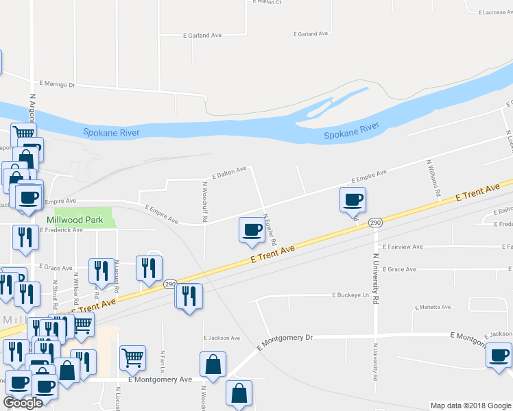 map of restaurants, bars, coffee shops, grocery stores, and more near 3215 North Fowler Road in Spokane