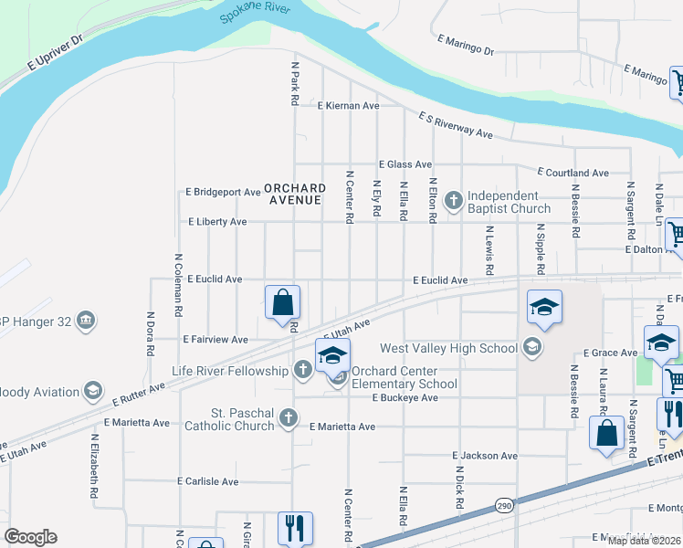 map of restaurants, bars, coffee shops, grocery stores, and more near 3209 North Center Road in Spokane Valley