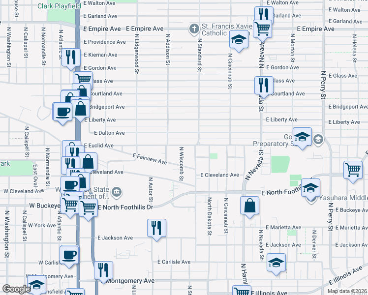map of restaurants, bars, coffee shops, grocery stores, and more near 527 East Euclid Avenue in Spokane