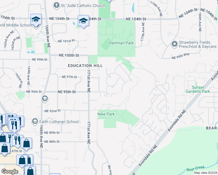 map of restaurants, bars, coffee shops, grocery stores, and more near 9616 173rd Place Northeast in Redmond