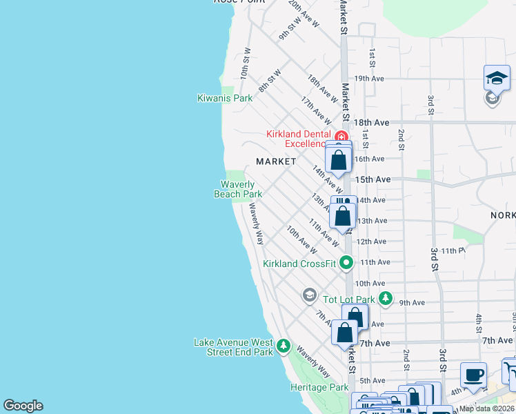map of restaurants, bars, coffee shops, grocery stores, and more near 801 6th Street West in Kirkland