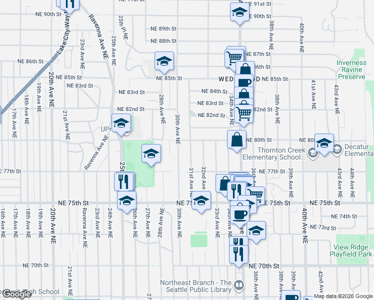 map of restaurants, bars, coffee shops, grocery stores, and more near 3015 Northeast 80th Street in Seattle