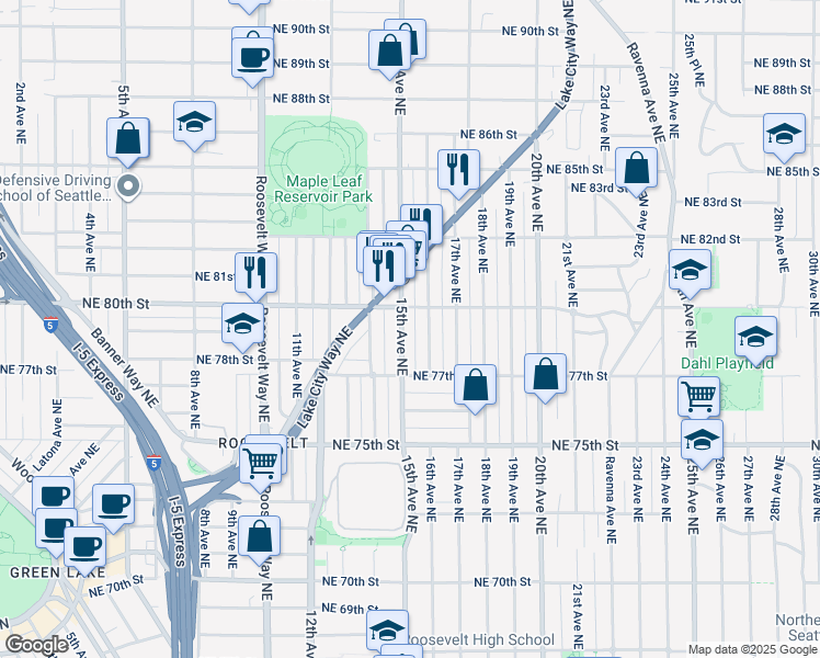 map of restaurants, bars, coffee shops, grocery stores, and more near 1515 Northeast 80th Street in Seattle