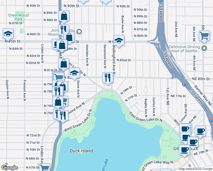 map of restaurants, bars, coffee shops, grocery stores, and more near 7927 Wallingford Avenue North in Seattle