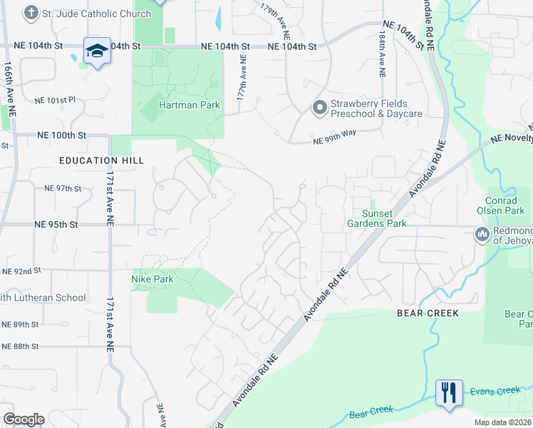 map of restaurants, bars, coffee shops, grocery stores, and more near 17830 Northeast 95th Court in Redmond