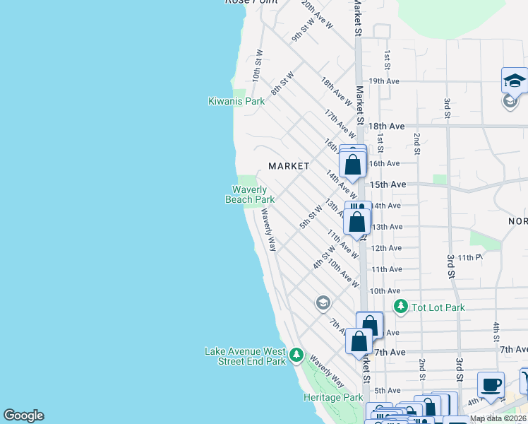 map of restaurants, bars, coffee shops, grocery stores, and more near 801 6th Street West in Kirkland