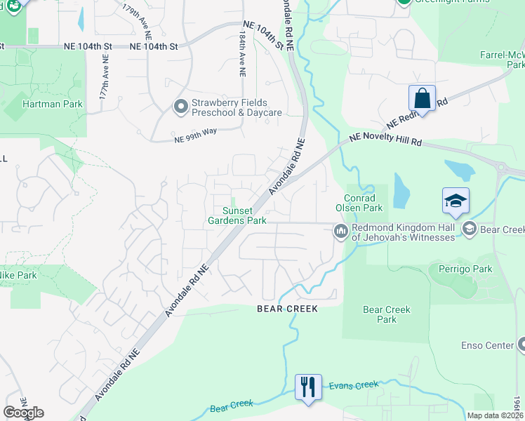 map of restaurants, bars, coffee shops, grocery stores, and more near 18422 Northeast 95th Court in Redmond