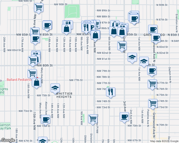 map of restaurants, bars, coffee shops, grocery stores, and more near 7748 Dibble Avenue Northwest in Seattle