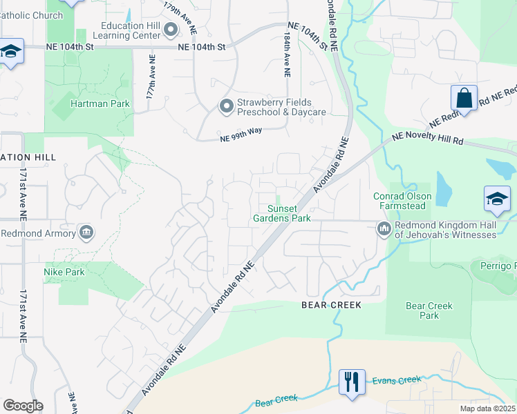 map of restaurants, bars, coffee shops, grocery stores, and more near 18250 Northeast 96th Way in Redmond