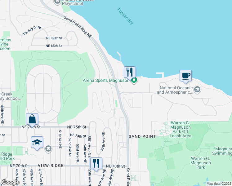map of restaurants, bars, coffee shops, grocery stores, and more near 7761A Sand Point Way Northeast in Seattle