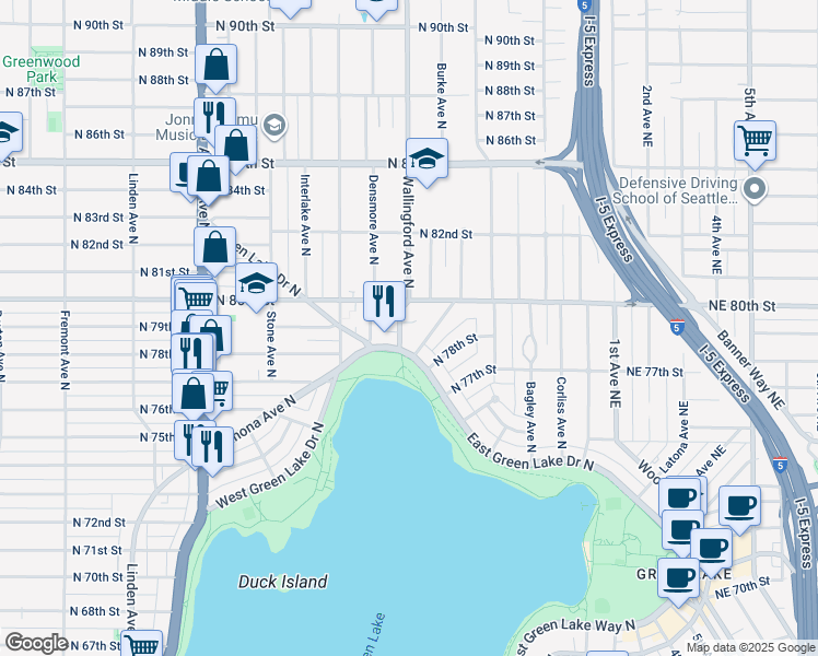 map of restaurants, bars, coffee shops, grocery stores, and more near 7927 Wallingford Avenue North in Seattle