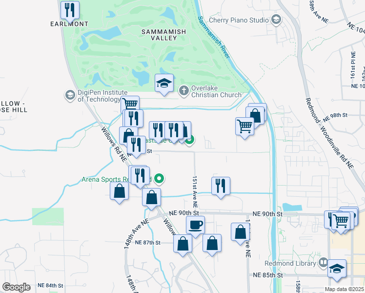 map of restaurants, bars, coffee shops, grocery stores, and more near 15020 Northeast 95th Street in Redmond
