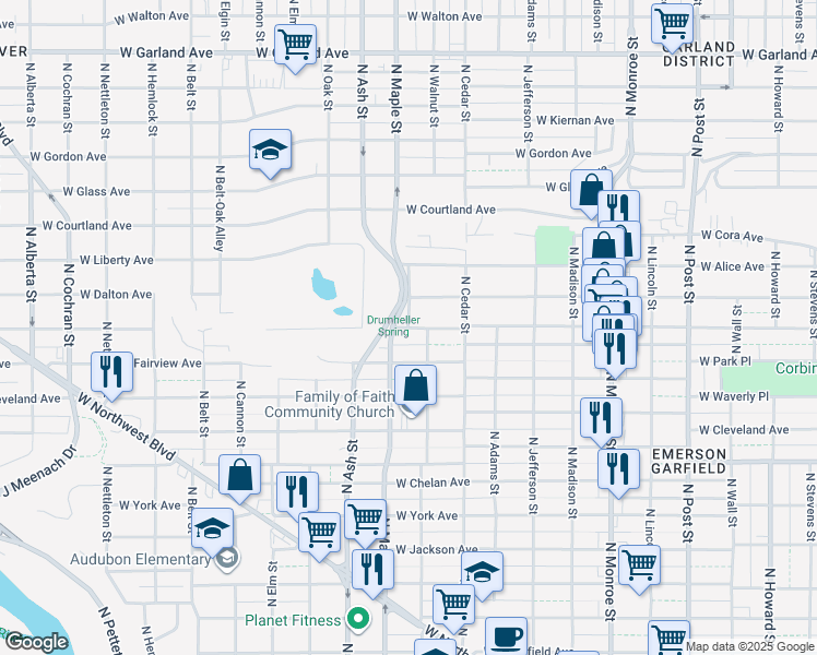 map of restaurants, bars, coffee shops, grocery stores, and more near 1519 West Euclid Avenue in Spokane