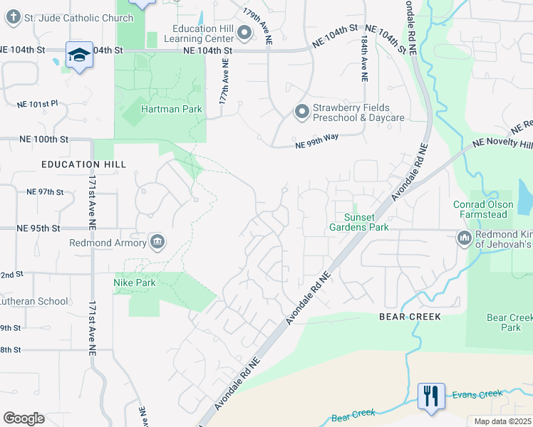 map of restaurants, bars, coffee shops, grocery stores, and more near 17705 Northeast 96th Way in Redmond
