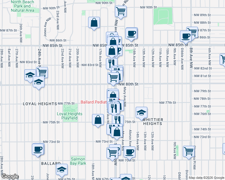 map of restaurants, bars, coffee shops, grocery stores, and more near 7748 16th Avenue Northwest in Seattle
