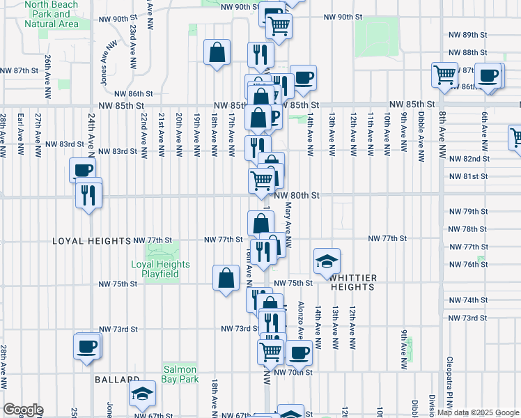 map of restaurants, bars, coffee shops, grocery stores, and more near in Seattle