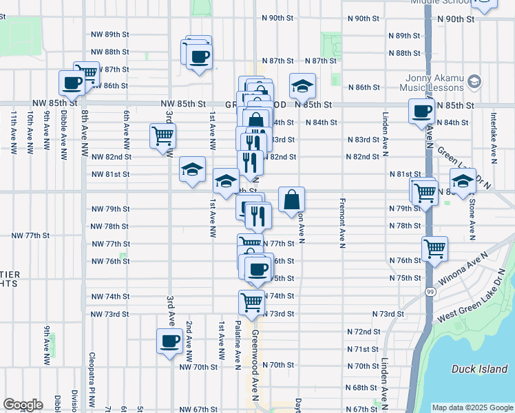 map of restaurants, bars, coffee shops, grocery stores, and more near 7900 Greenwood Avenue North in Seattle