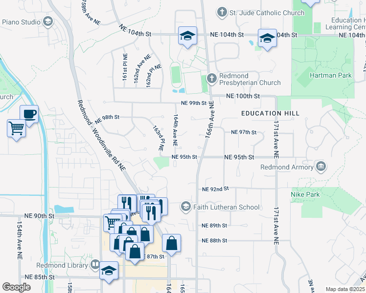 map of restaurants, bars, coffee shops, grocery stores, and more near 16420 Northeast 96th Place in Redmond