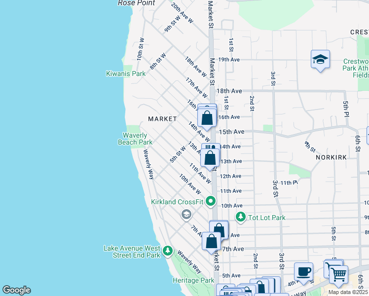 map of restaurants, bars, coffee shops, grocery stores, and more near 1203 5th Street West in Kirkland